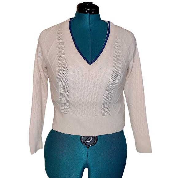 J. Crew Cashmere Cable-Knit Blue V-Neck Pointelle Cricket Sweater Women Size S - Picture 1 of 5